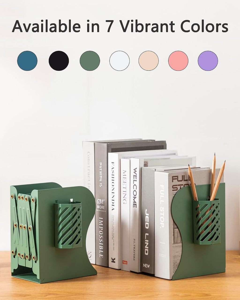 Kingsmile Book Ends, Adjustable Heavy Duty Metal Book Stoppers with Pen Holder for Desk Office Library Kids Room(Green)