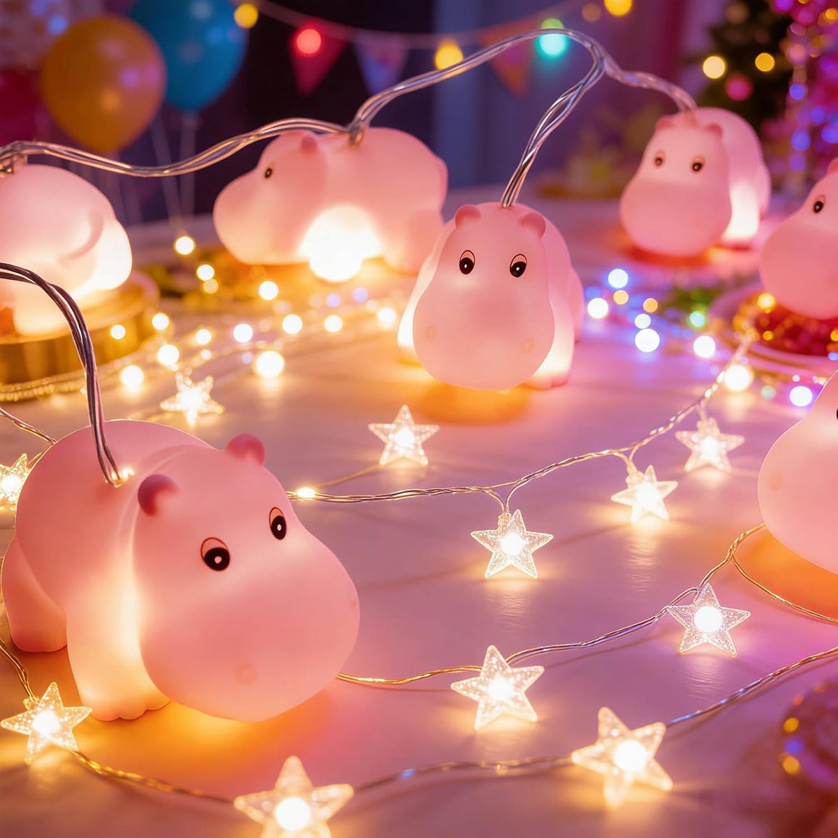 Cute Pink Hippo String Lights, 4.9Ft/1.5M, 10 LED, Battery Operated