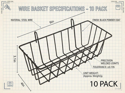 10 PCS Wire Baskets Wall Grid Panel Hanging Wire Basket Hanging Wall Baskets No Drilling Wall Hanging Baskets Grid Wall Storage Basket for Kitchen Bathroom Home Decor Supplies, Black