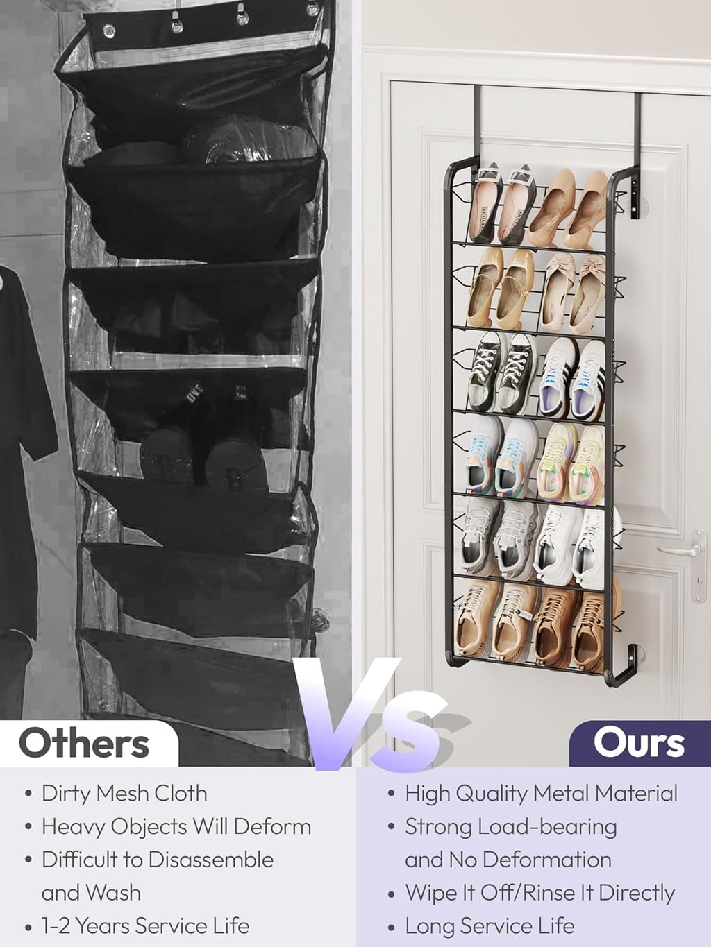 SWTYMIKI Over the Door Shoe Organizer - 6 Tier Wall Mount Shoe Rack for Door Storage- Heavy Duty Metal Hanging Shoes Shelf for Flats, Heels, Sneakers, Boots Black