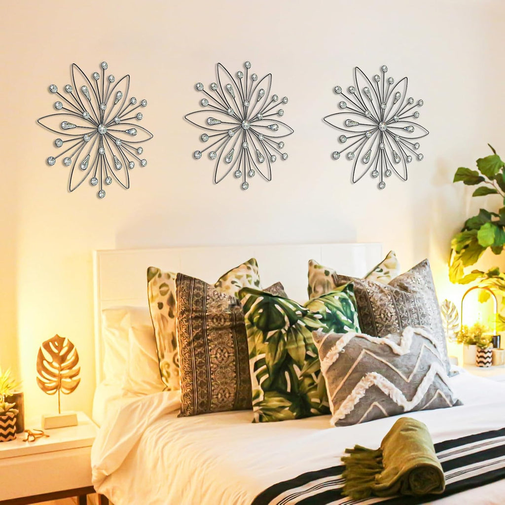 ZEXUIRU 3 Set Snowflake Wall Decor Living Room Bedroom Entryway Metal Bling, Crystal Rhinestone Starburst Sunburst Sparkling Wall Art Decor Silver Metal Christmas Decoration-Black 13in
