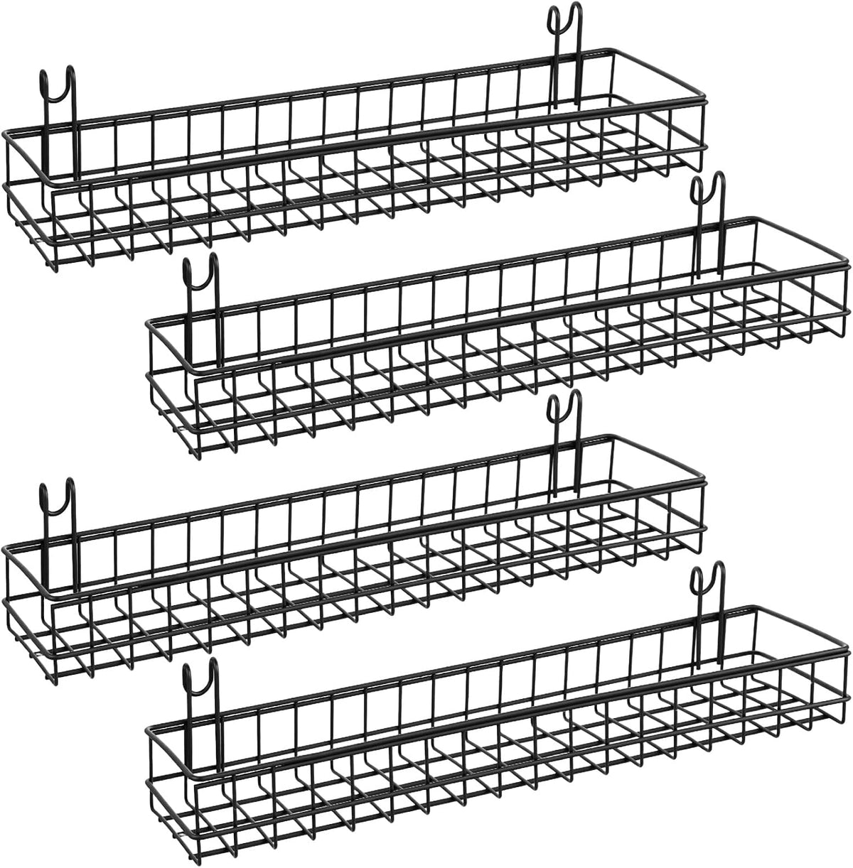 4 Pcs Black Metal Grid Wall Baskets with Hooks, Hanging Wire Storage Organizer Shelf for Kitchen Bathroom Office, 15.75 x 3.94 x 1.97 Inch