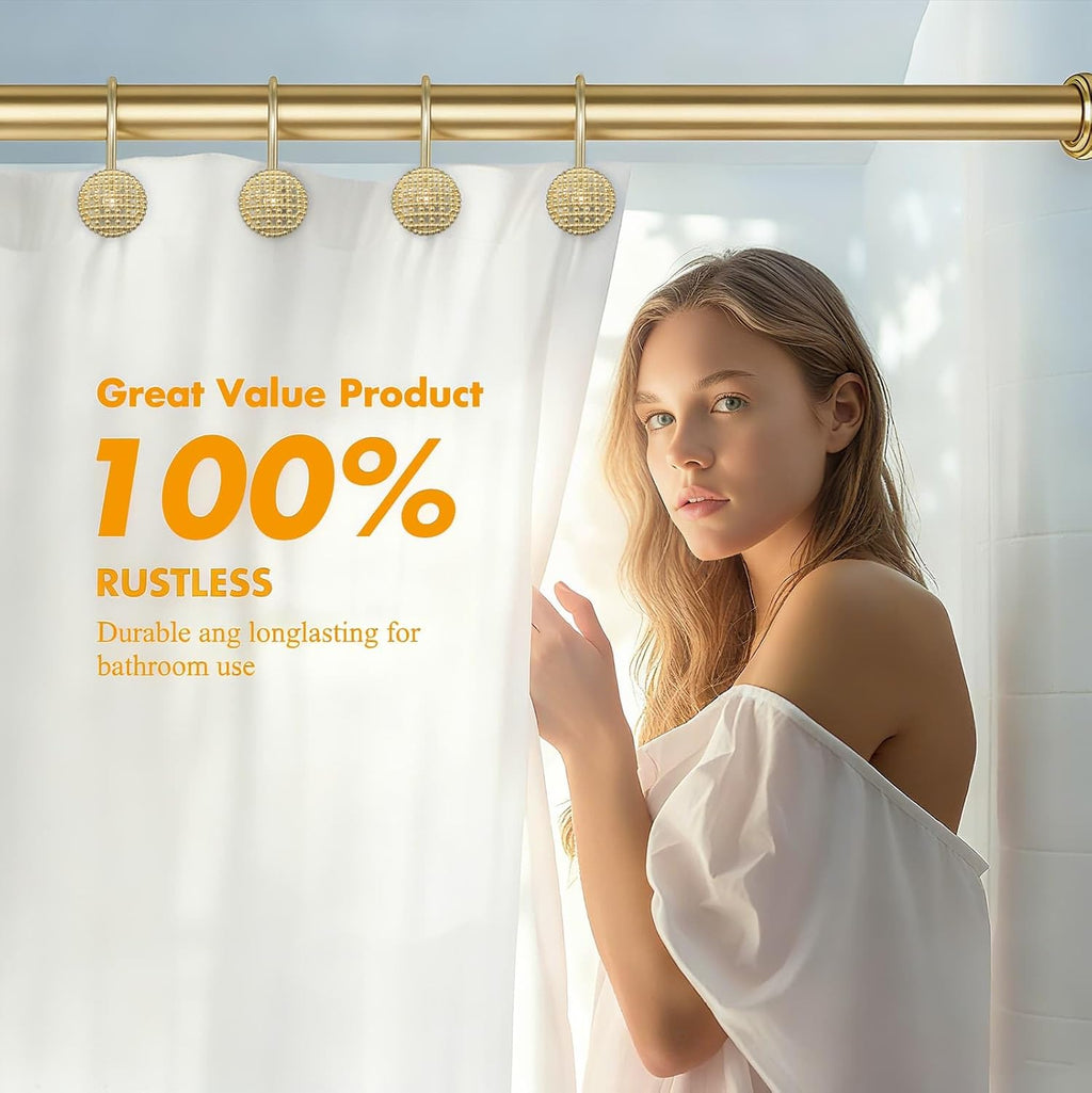 Pearlbee Gold Shower Curtain Hooks, 12Pcs Rustproof Heavy Duty Zinc Alloy