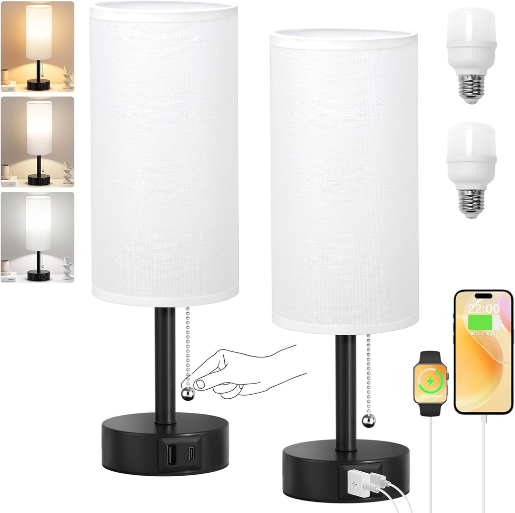 Fenmzee White Bedside Table Lamps Set of 2 - Bedroom Lamp for Desk, USB C+A