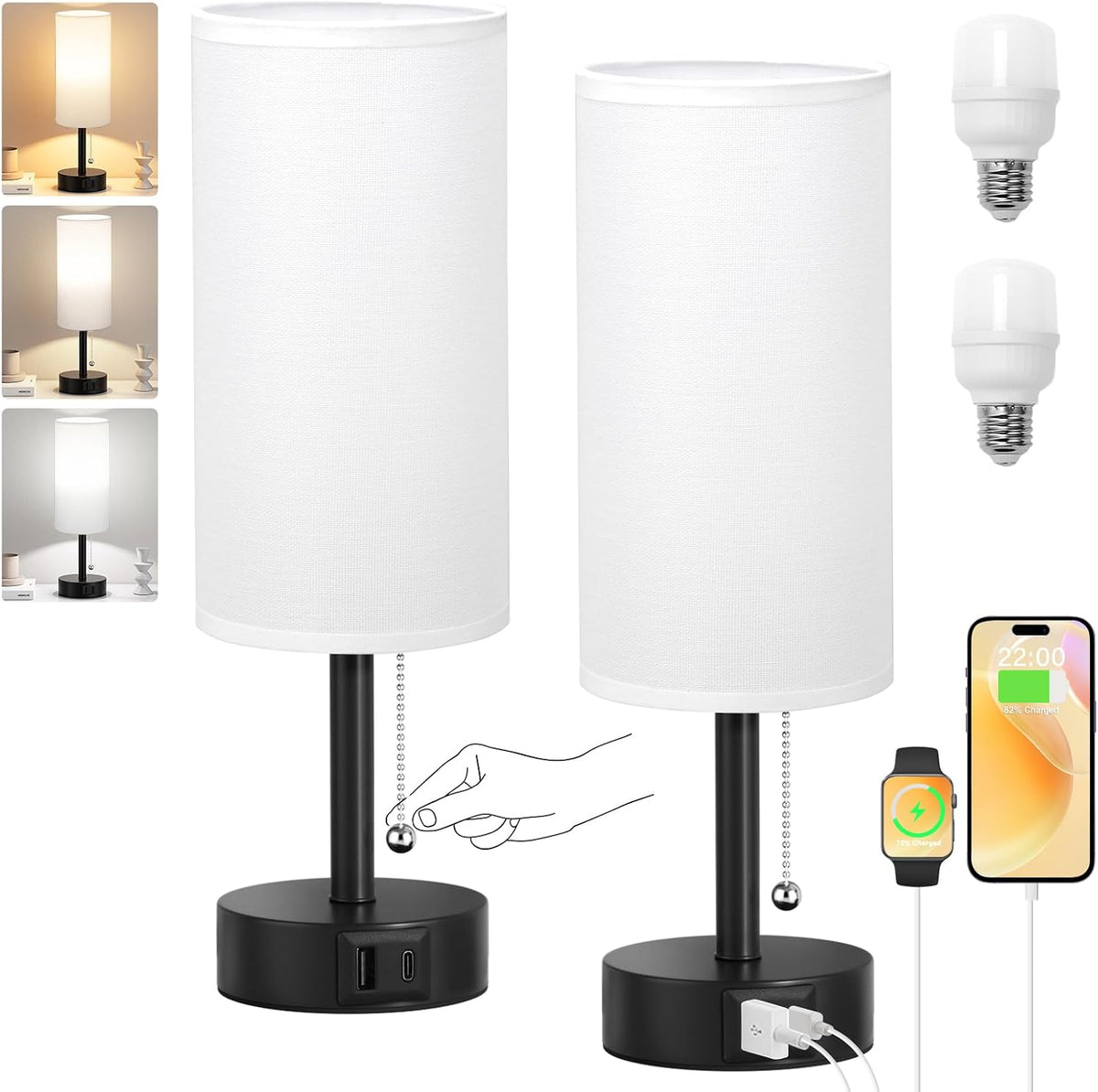 Fenmzee White Bedside Table Lamps Set of 2 - Bedroom Lamp for Desk, USB C+A