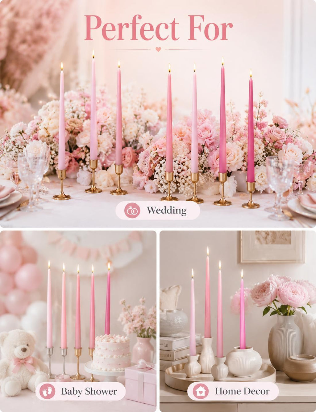 Gradient Hot-Pink Taper Candles for Wedding Valentine's Day