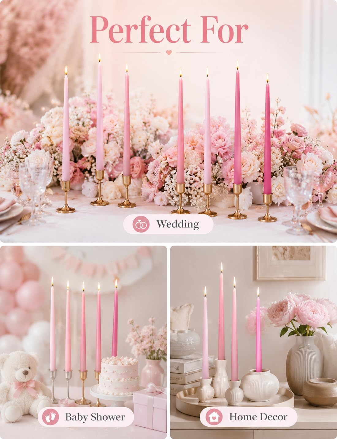 Gradient Hot-Pink Taper Candles for Wedding Valentine's Day