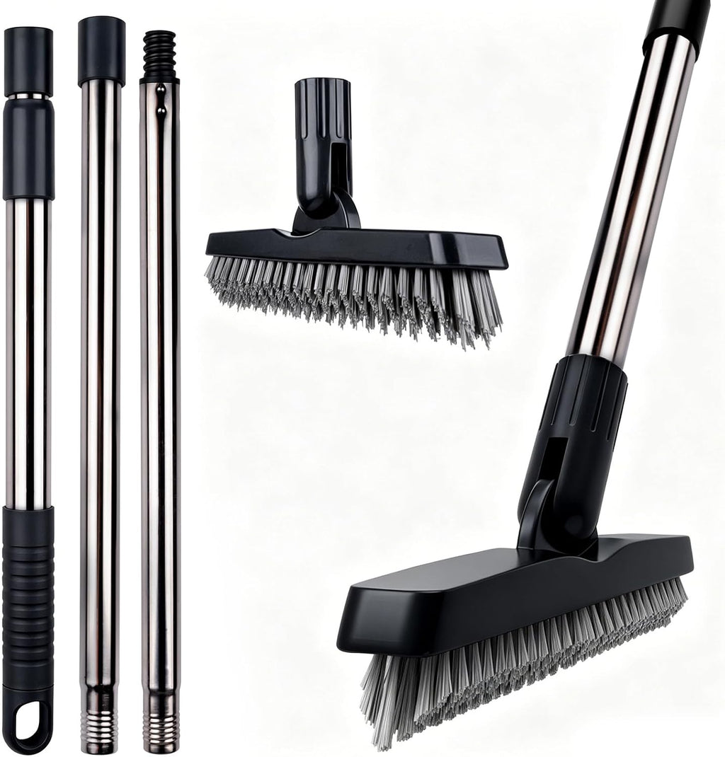 2 Pack Grout Brush with Long Handle, Swivel Cleaning Grout Line Scrubber - Extendable Durable Handle Grout Cleaner Brush for Bathroom,Tile,Baseboard,Walk in Shower,Corner & Narrow Space (Black)