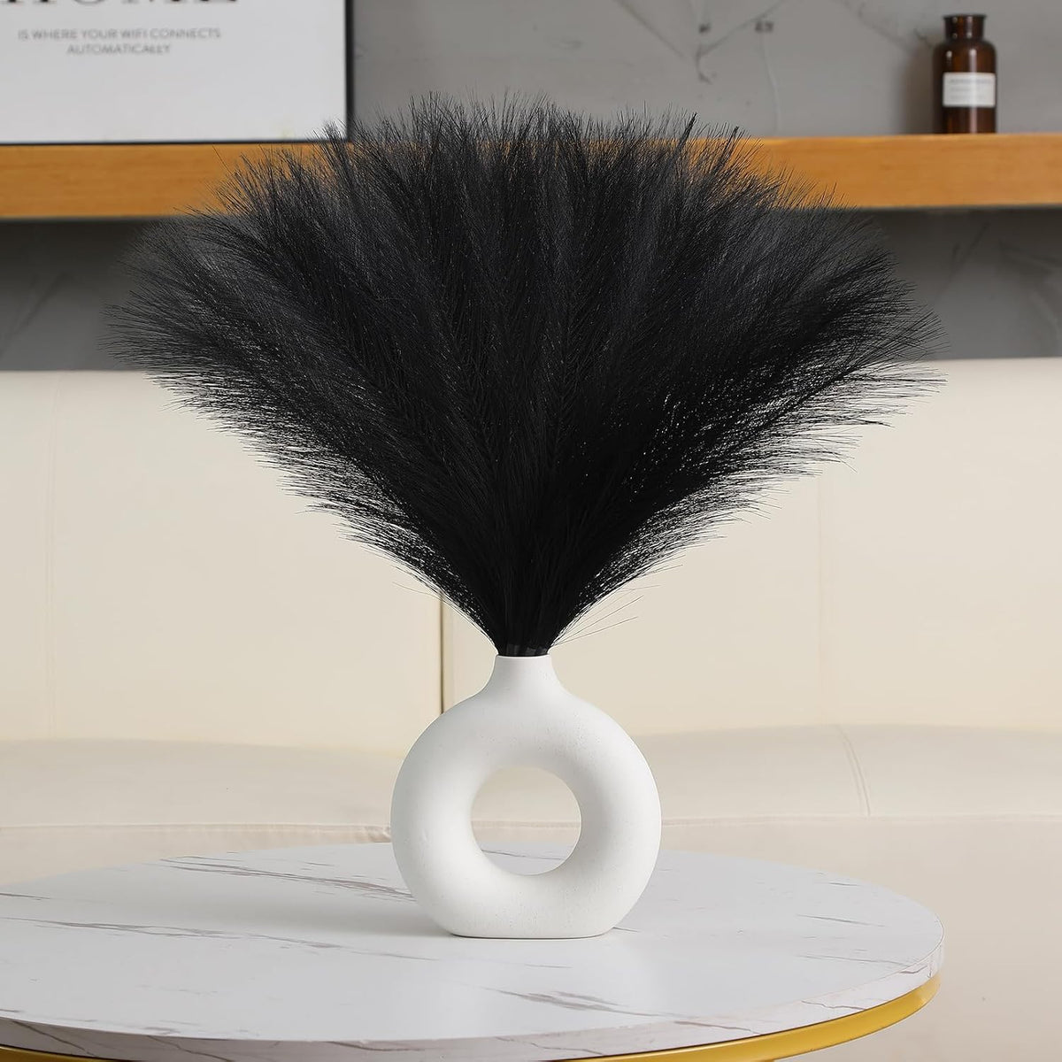 Ureymx Faux Pampas Grass Decor 17.7 Inch 6pcs, Artificial Pampas Grass Fluffy Home Decor, Short Vase Room Decor pompous Grass Flower Arrangement for Boho Home Wedding Decoration (Black)