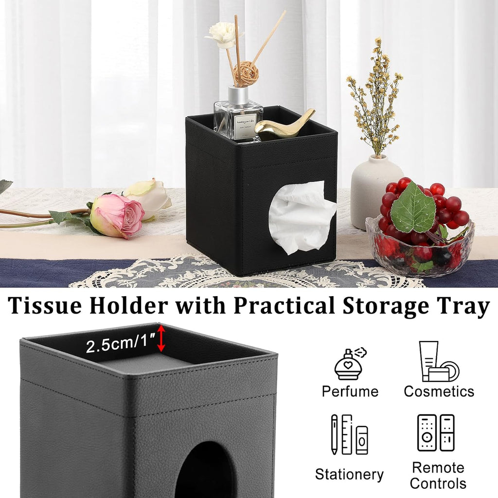Sumnacon Square Tissue Box Cover with Storage Tray,Tissue Box Holder,Black