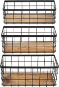 TIEYIPIN Farmhouse Decor Metal Wire Storage Baskets, Wood Base Containers Organizing Basket Caddy Bin for Kitchen Cabinets, Bathroom, Pantry, Garage, Laundry Room, Closets - Small - Black (Set of 3)