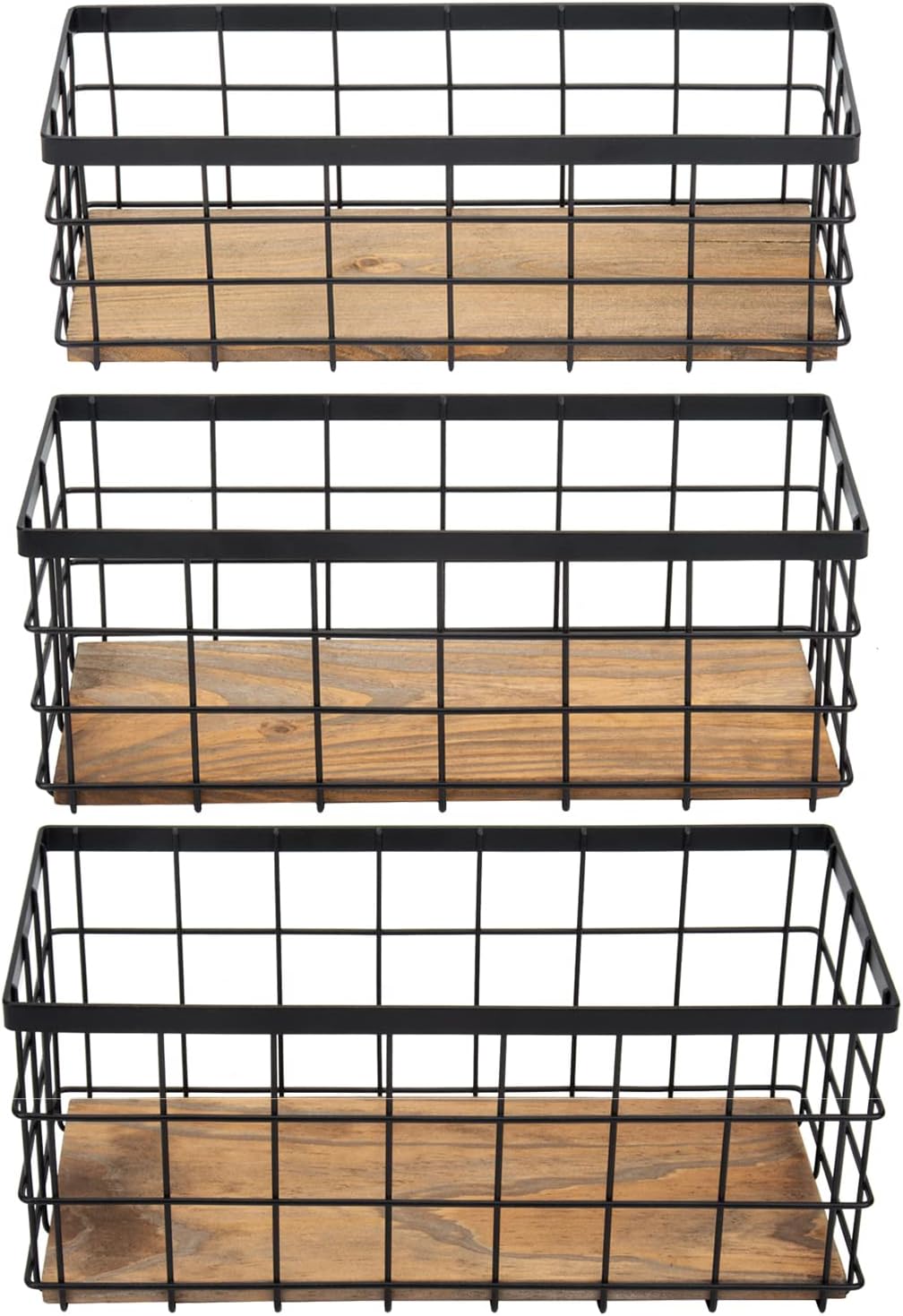 TIEYIPIN Farmhouse Decor Metal Wire Storage Baskets, Wood Base Containers Organizing Basket Caddy Bin for Kitchen Cabinets, Bathroom, Pantry, Garage, Laundry Room, Closets - Small - Black (Set of 3)