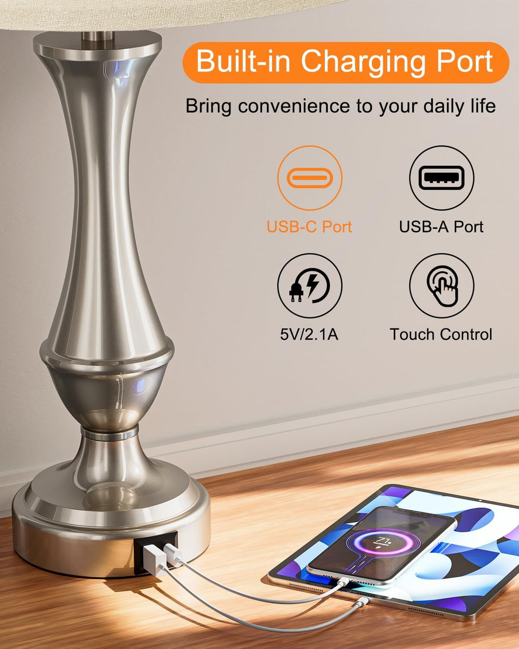 Seealle Upgraded Touch Lamps for Night Stands Set of 2 - Bedside Lamps with USB C+A, 3 Way Dimmable for Bedroom Living Room End Tables Office (White&Nickel)