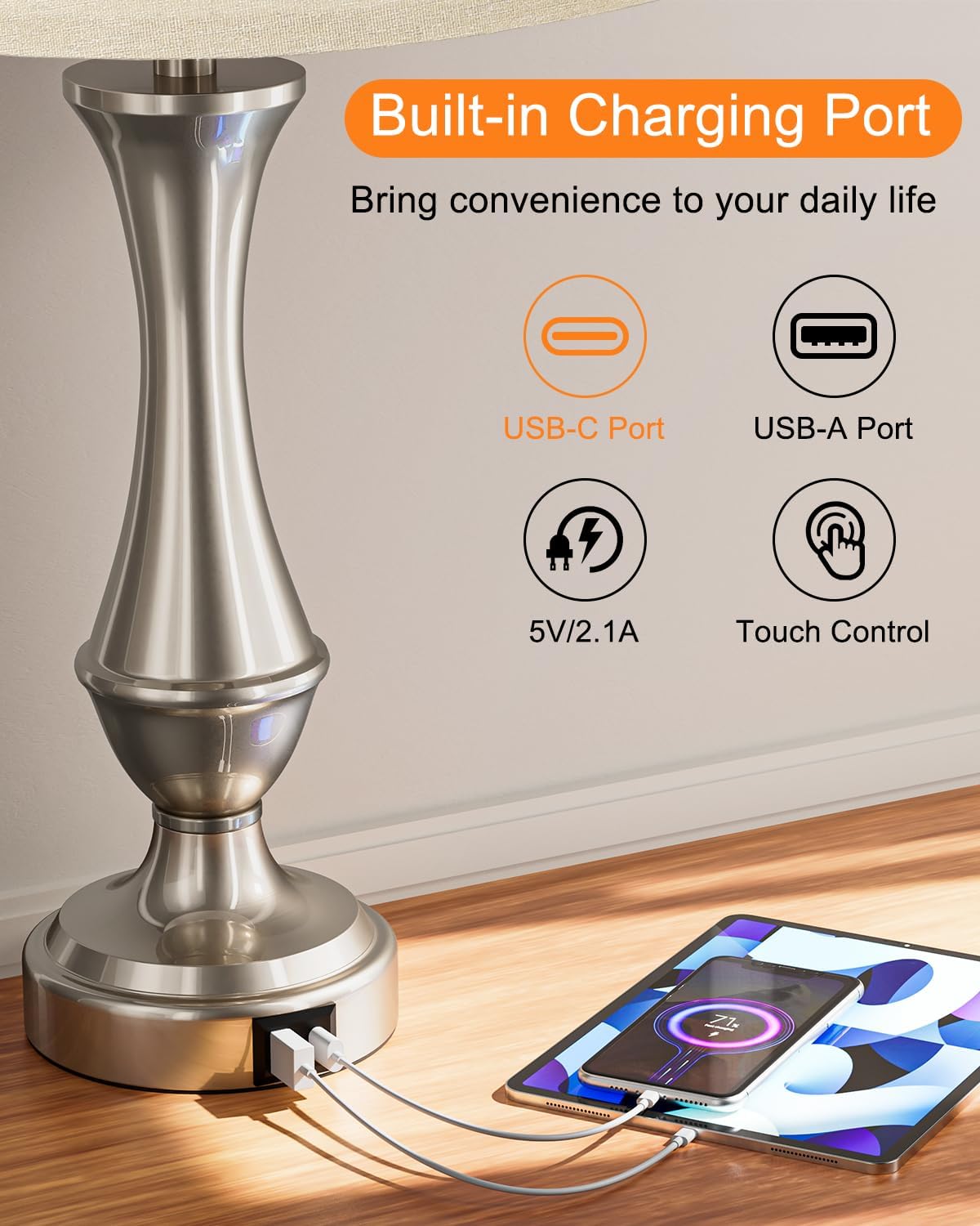 Seealle Upgraded Touch Lamps for Night Stands Set of 2 - Bedside Lamps with USB C+A, 3 Way Dimmable for Bedroom Living Room End Tables Office (White&Nickel)
