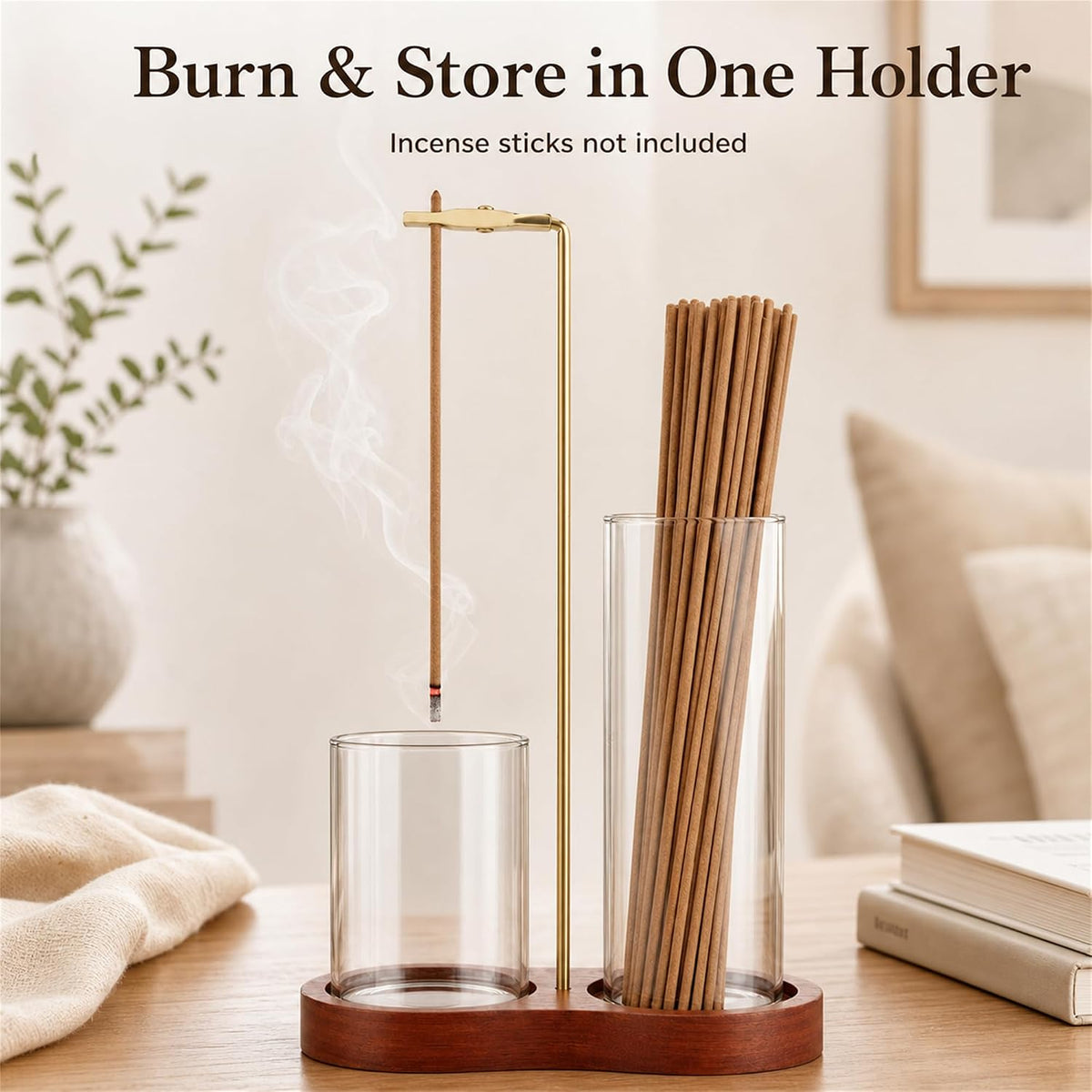 2-in-1 Upside Down Incense Holder with Storage, Anti-Ash Flying Glass Incense Burner Stand, Wooden Base Brass Hanging Incense Ash Catcher for Sticks, Aesthetic Room Decor Gift