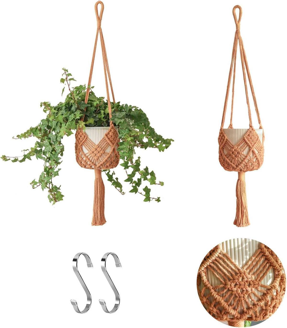 Hanging Planter with Patterns,2Packs Macrame Plant Hangers Indoor Macrame for up to 8 inch Pot Crochet Boho Plant Hanger Holder for Indoor Outdoor with 2S Shaped Stainless Steel Hooks (Caramel)
