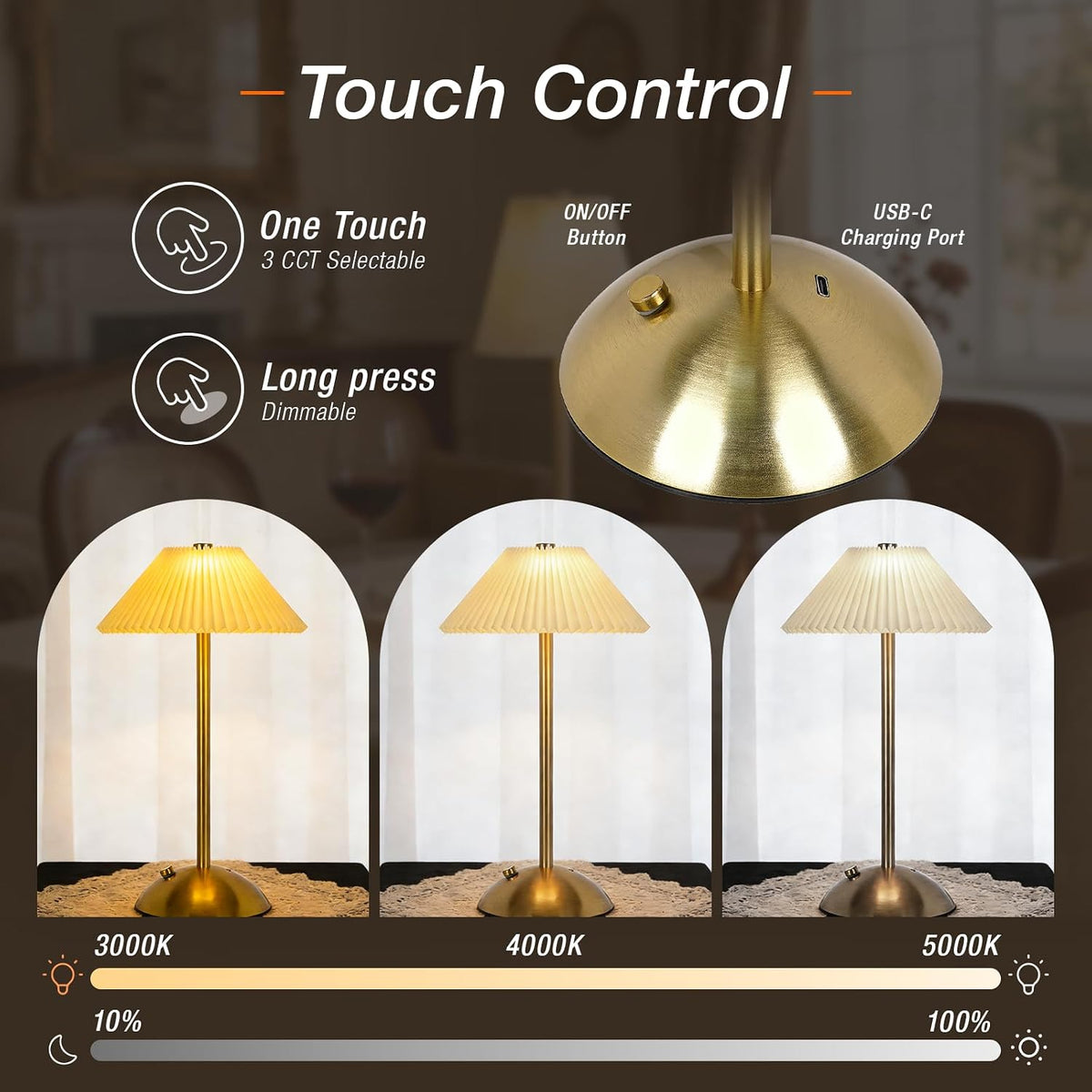LEDVANCE Sylvania Cordless Lamp, LED Rechargeable Table Lamp with Battery Operated, USB-C, 3 Color Temperatures (3000/4000/5000K), Dimmable, Bedroom, Night Light, Coffee Shop, Brass - 1 Pack (66874)