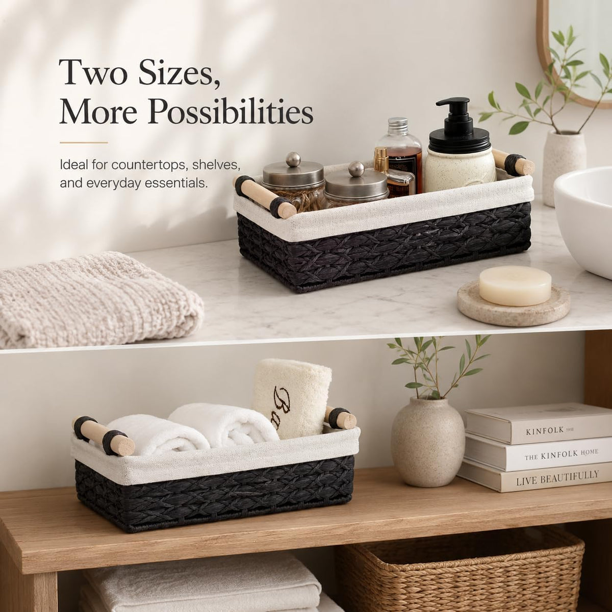 Black Bathroom Baskets Set of 2, Paper Rope, Wood Handles