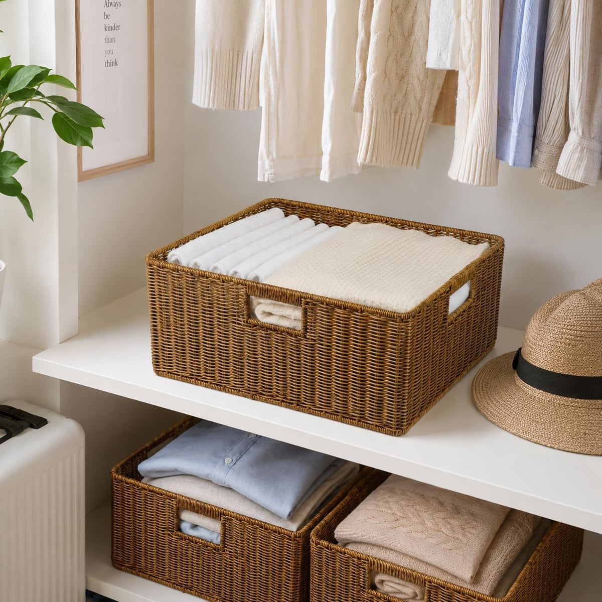 Large Wicker Basket, Waterproof Wicker Storage Basket for Organizing, Brown
