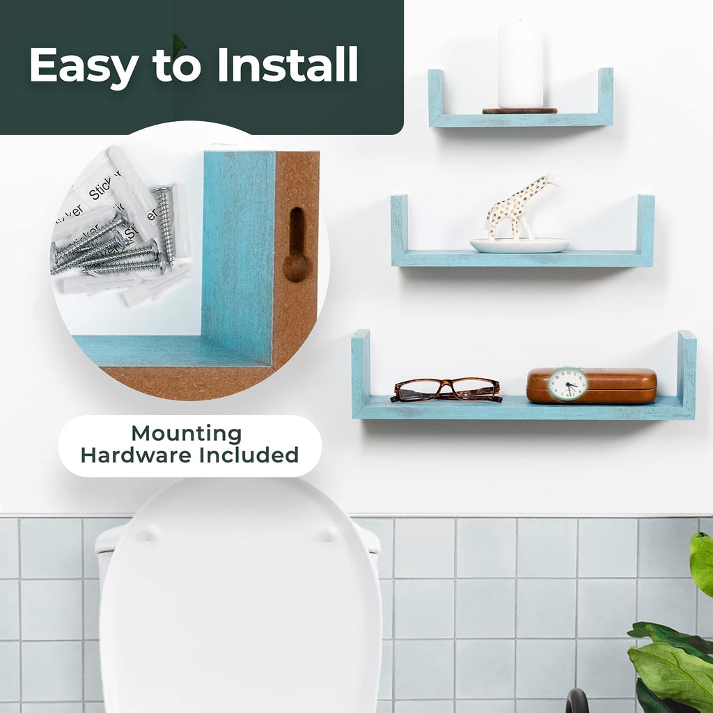 Greenco Set of 3 Floating “U” Shelves, Easy-to-Assemble Floating Wall Mount Shelves for Bedrooms and Living Rooms, Rustic Blue Finish