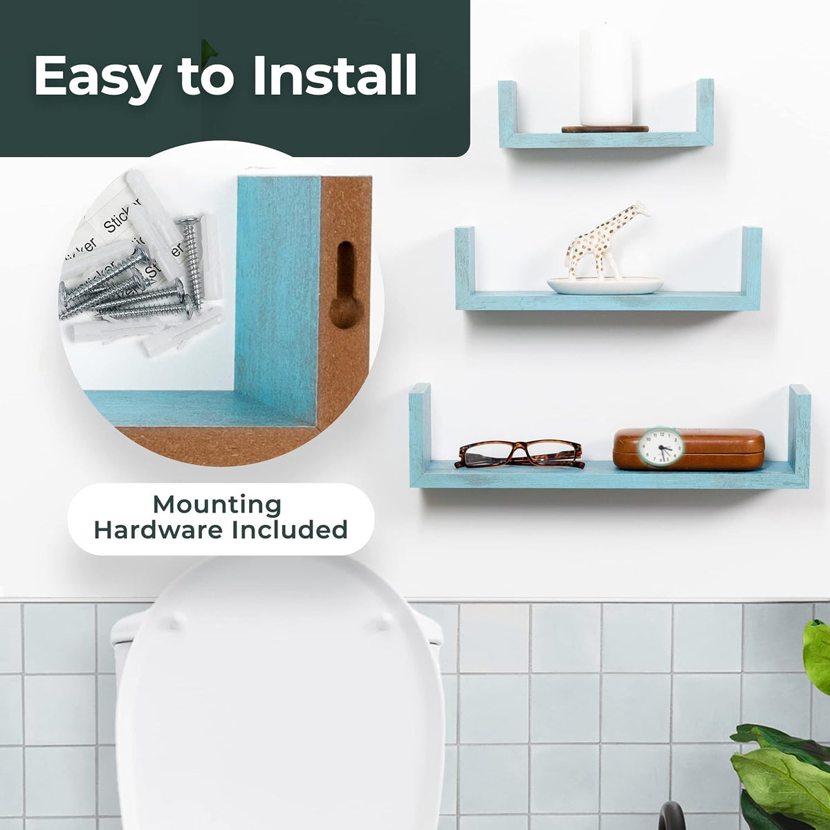 Greenco Set of 3 Floating “U” Shelves, Easy-to-Assemble Floating Wall Mount Shelves for Bedrooms and Living Rooms, Rustic Blue Finish