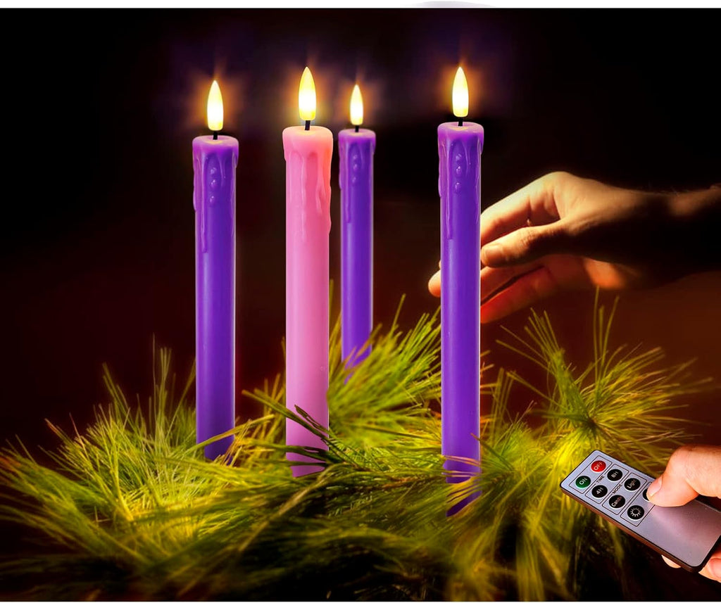 Set of 4 LED Christmas Candle Lights, Battery Operated Taper Candles for Advent Wreath, 3 Purple 1 Rose Flickering Wax Flameless Candles for Holiday School Church Celebration
