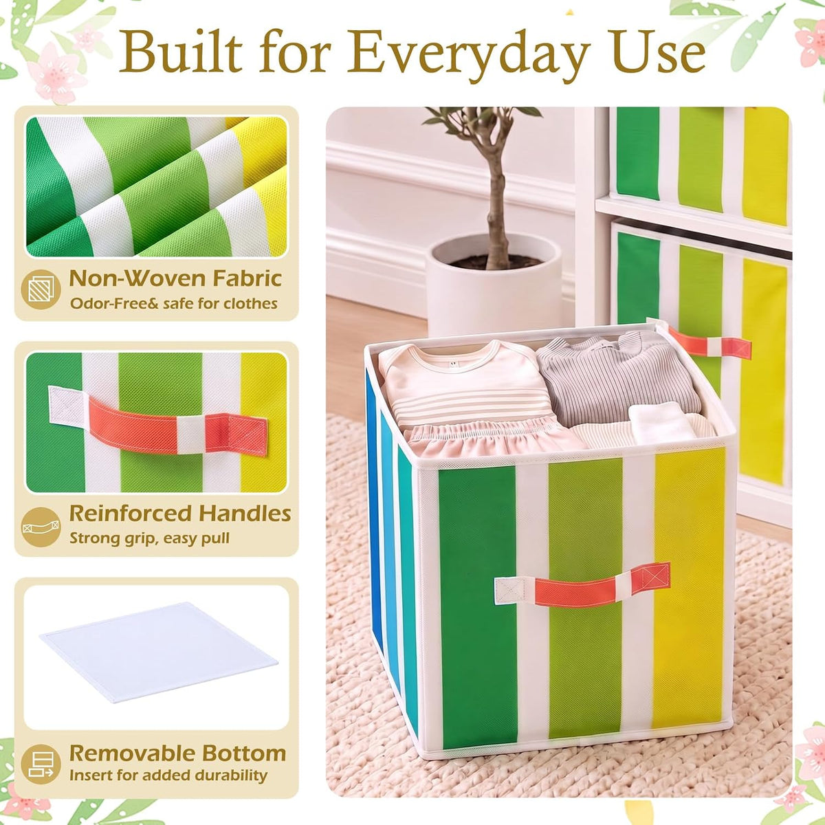 6 Pcs 11 Inch Colorful Stripes Cube Storage Bins Collapsible Storage Organizer with Handles Fabric Container Baskets for Closet Clothes Toys Book Room Home Organization