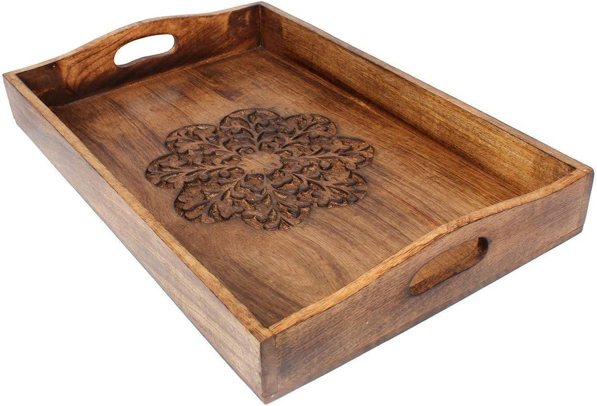 Ajuny Wooden Serving Trays Set of 3 with Handles, Hand Carved Flower Design