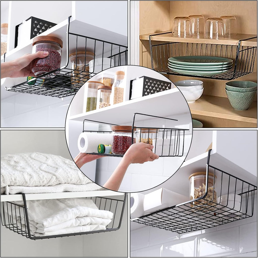 Tebery 4 Pack Black Under Shelf Wire Basket, Hanging Storage Baskets Under Cabinet Add-on Storage Racks, Slide-in Baskets Organizer for Kitchen Pantry Desk Bookshelf