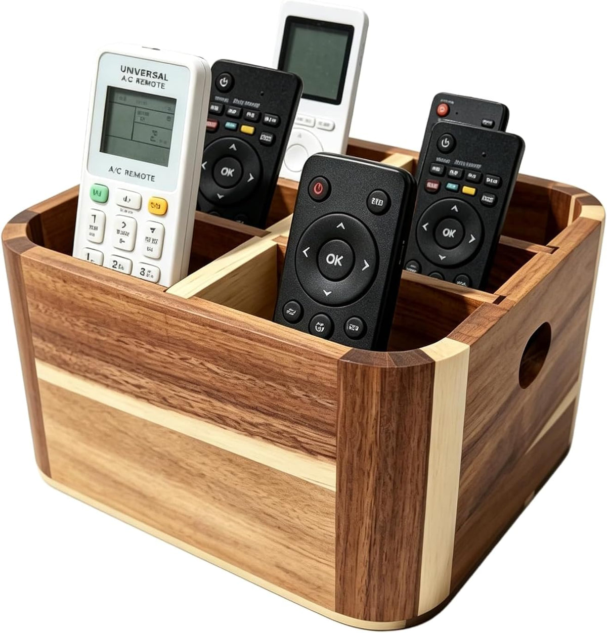 Remote Control Holder, Acacia Wood TV Remote Holder with 5 Adjustable Dividers and Handle, Desk Organizer for Remotes, Office Supplies, Coffee Table, Living Room, Bedroom, Nightstand