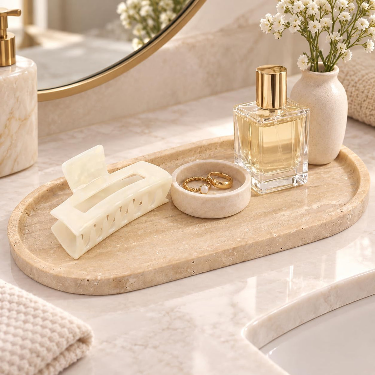 Beige Travertine Marble Bathroom Tray, 12 x 6 in, Vanity Tray