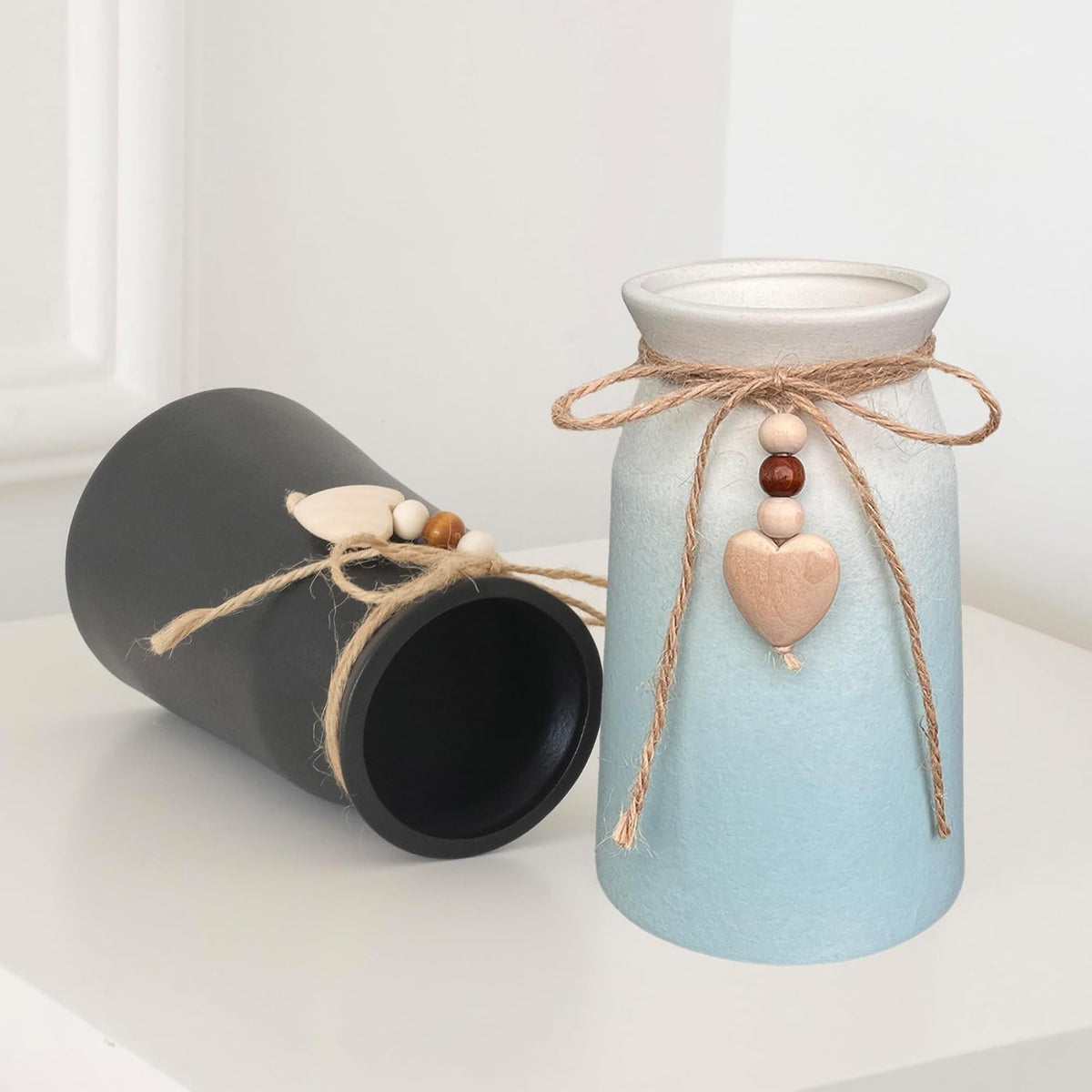 Elegant Ceramic Vase | 6-Inch Flower Vase with Jute Rope & Heart Charm | Modern, Farmhouse, & Boho Home Décor, Blue Color