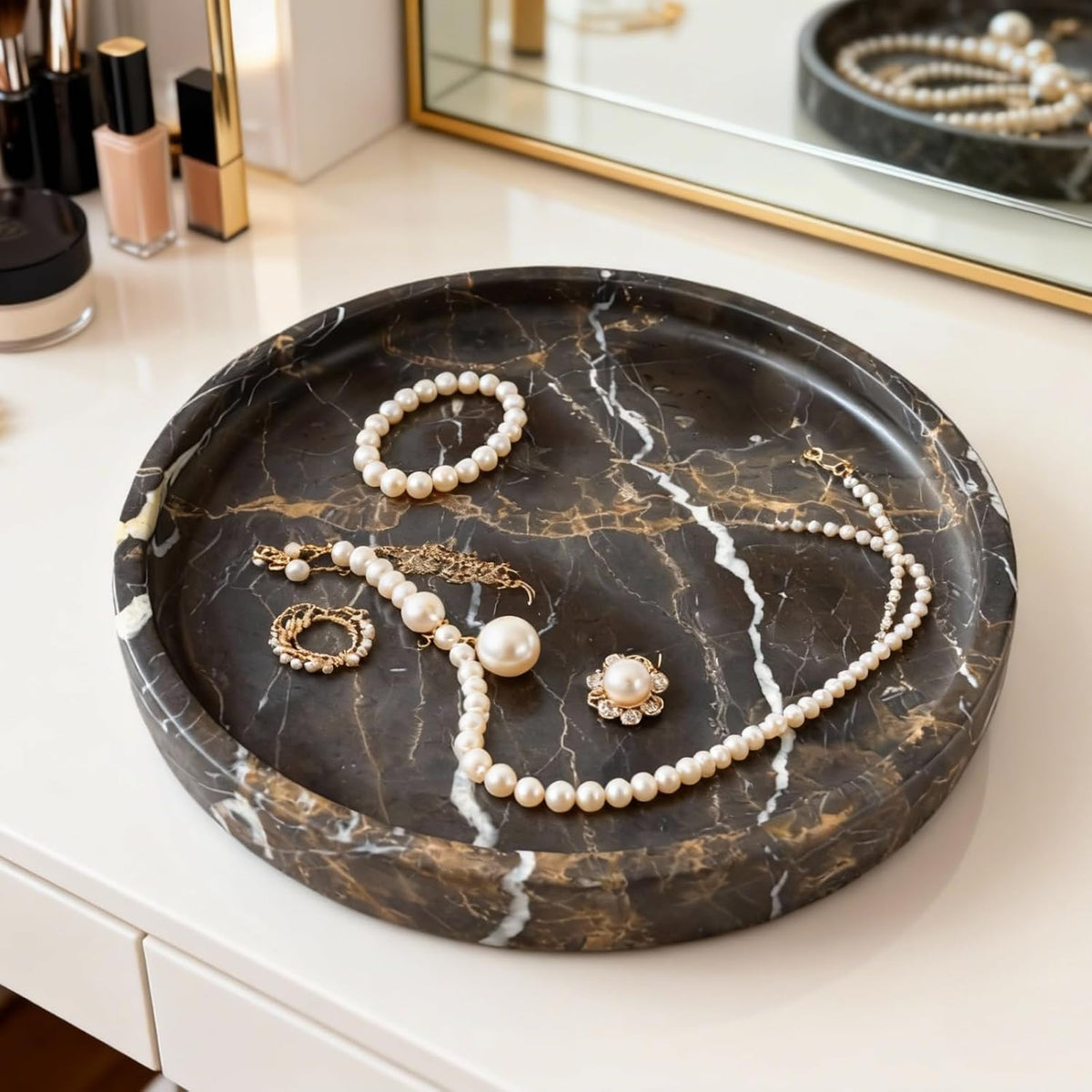 Natural Marble Vanity Tray, Perfume Jewelry Tray, Round Ottoman Tray for Drinks, Coffee Table, Home Decorative (Portoro Black, 9.84Dx1.18H)