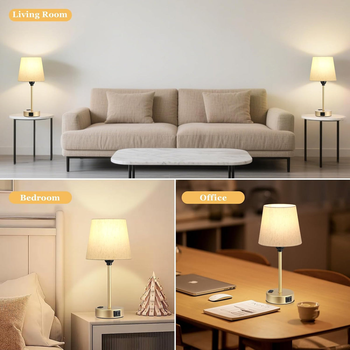 Gold Bedside Lamps Set 2 for Bedroom - Dimmable Touch, USB C+A, AC Outlet
