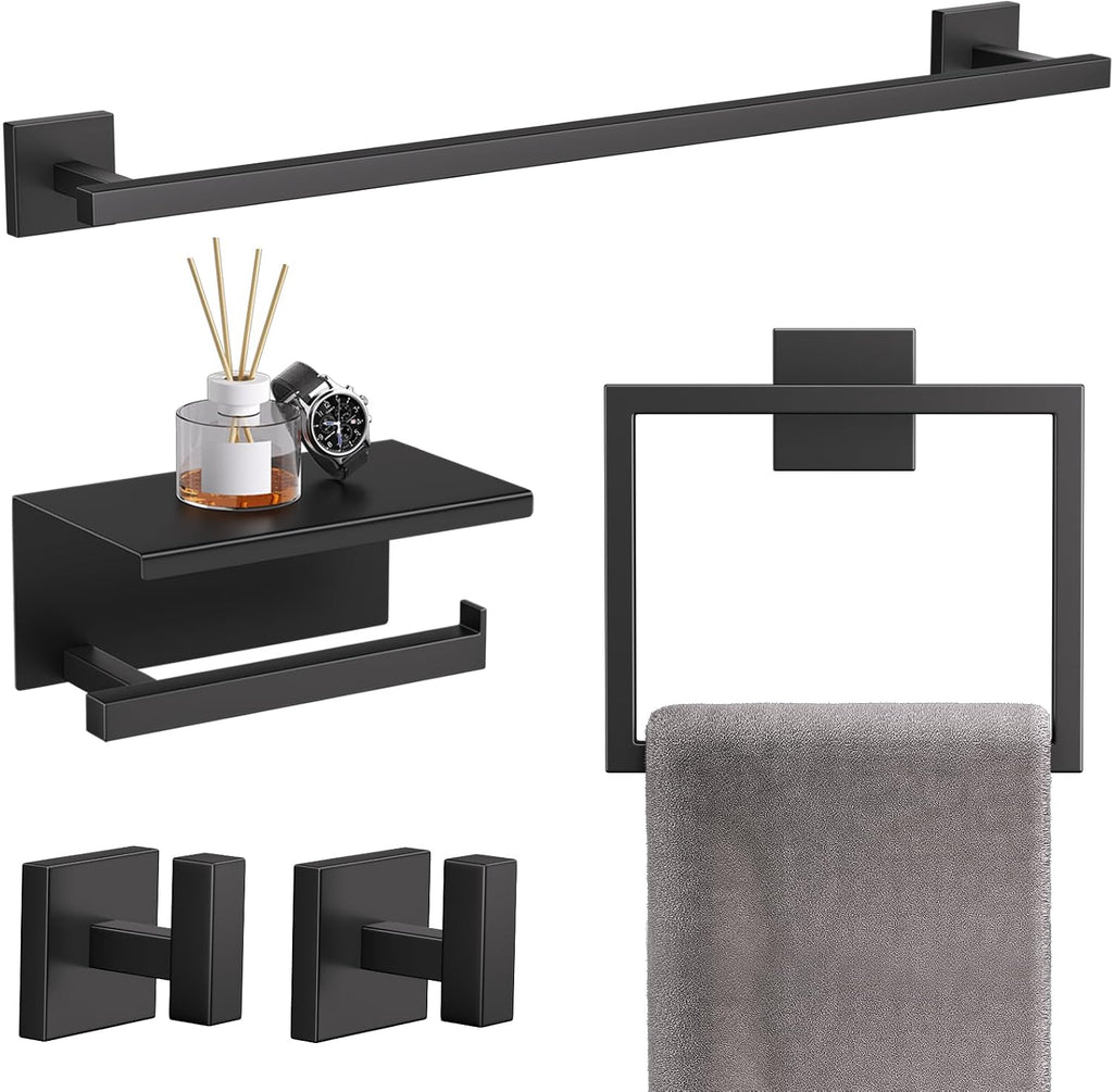 TQKAG 5-Pieces Matte Black Bathroom Hardware Accessories Set 23.6" SUS304 Stainless Steel Towel Bar Set Wall Mounted Square Toilet Paper Holder with Shelf