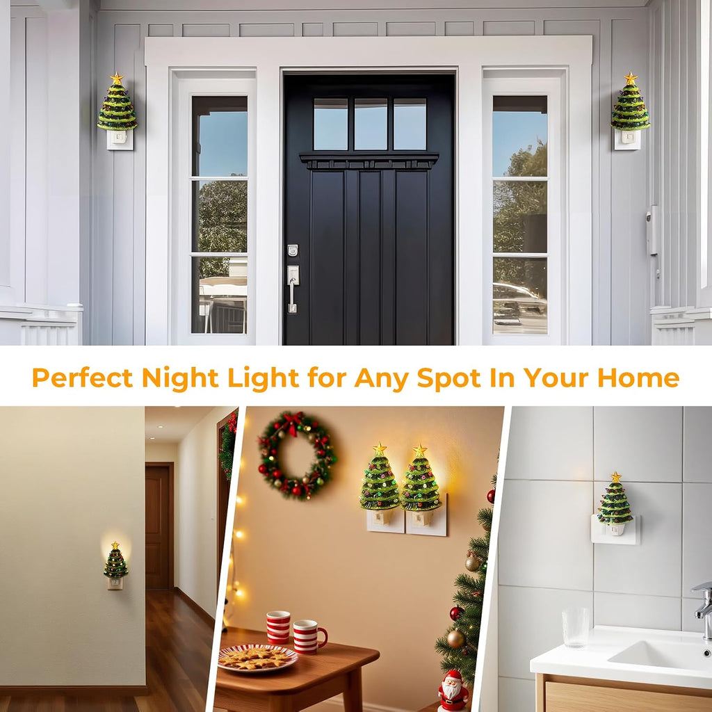 Brightever Ceramic Christmas Tree Night Lights, 2-Pack Plug-in 6" H Vintage Christmas Wall Decor with Multicolor LED Bulbs, 360 Swivel Plug, On/Off Switch, Xmas Tree Nightlight for Bathroom, Bedroom