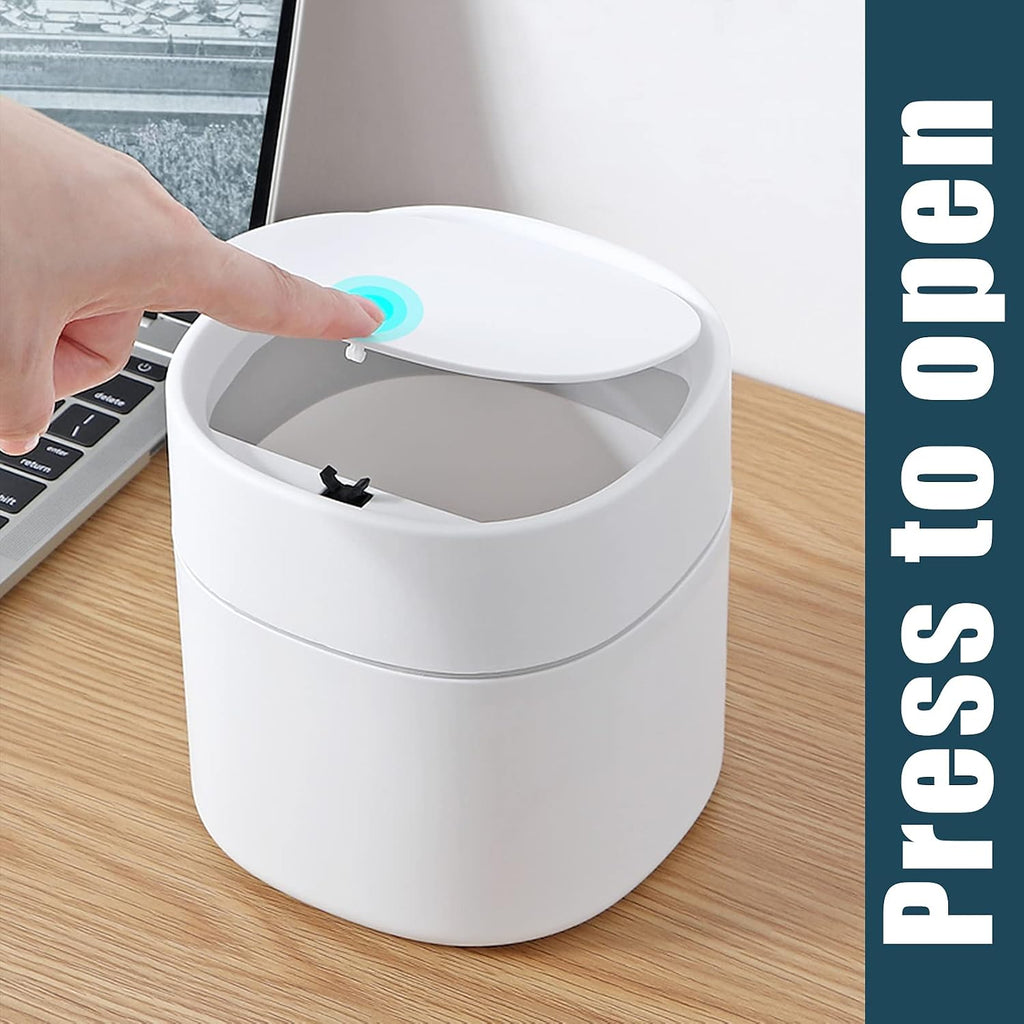 Mini Desk Trash Can with Pop-Up Lid Includes 180 Bags 0.5 Gallon, White