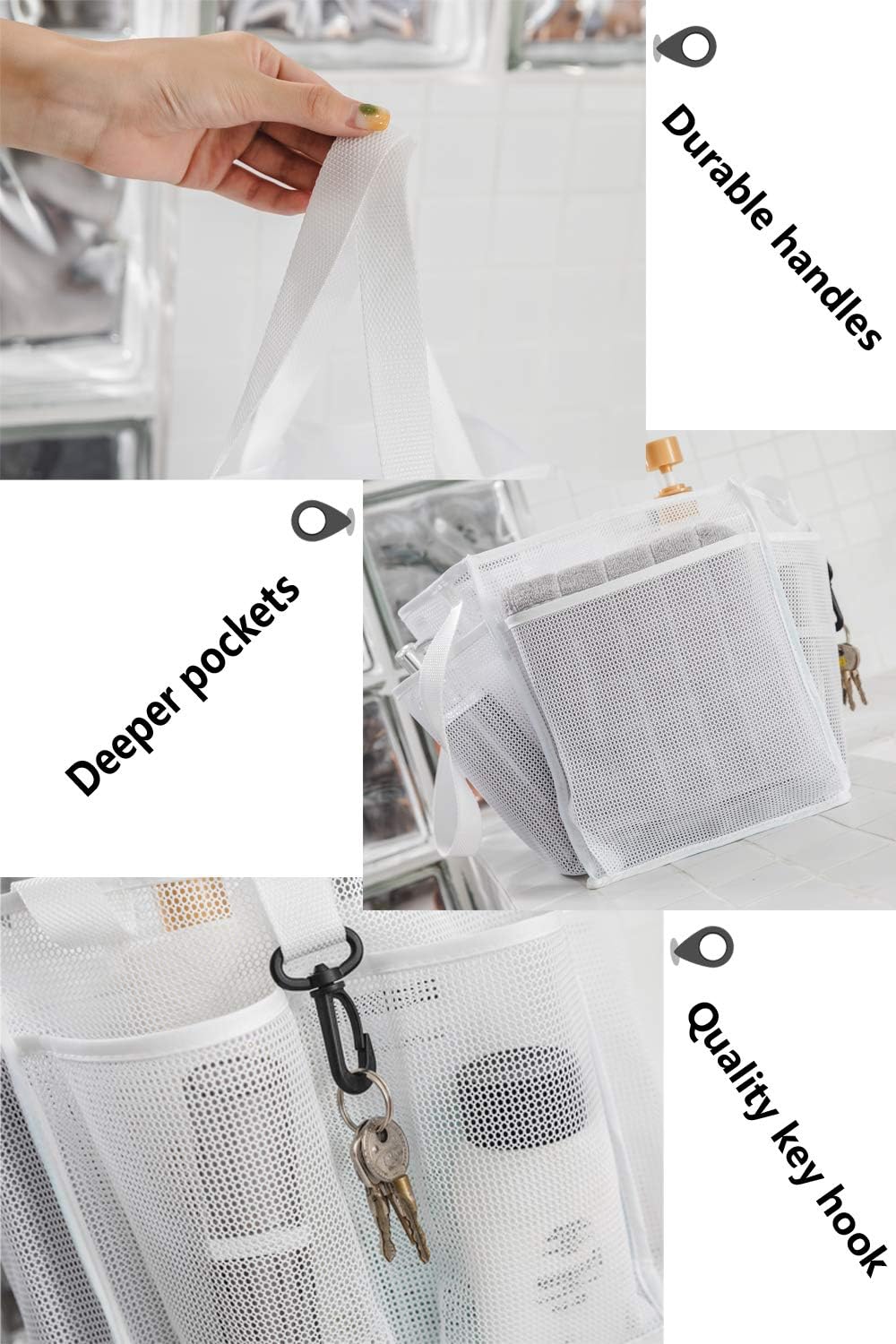 ALYER Mesh Shower Caddy Basket,Large Shower Bag Tote,Hanging Bath Toiletry Organizer with 1 Big Separated Inner Compartment and 6 Deep Outer Pockets (White)