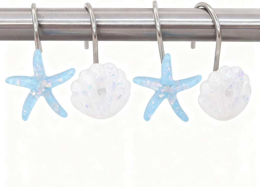 Twofishes Blue Seashell Shower Curtain Hooks S/12 Ocean White Starfish Style Shower Curtain Rings Pack of 12 White Shell Shower Rings Set of 12