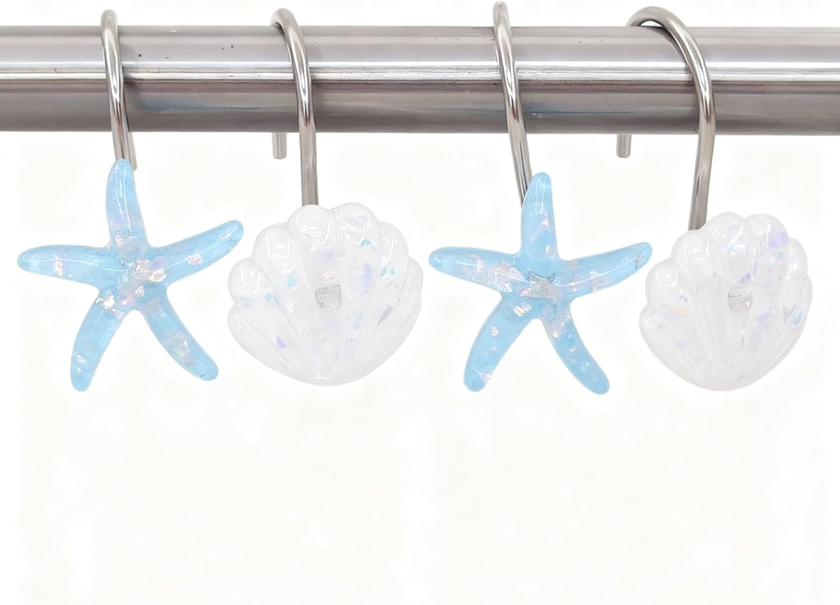 Twofishes Blue Seashell Shower Curtain Hooks S/12 Ocean White Starfish Style Shower Curtain Rings Pack of 12 White Shell Shower Rings Set of 12