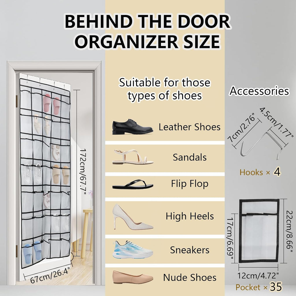 Over the Door Shoe Organizer, 35 Mesh Pockets, White, 4 Metal Hook