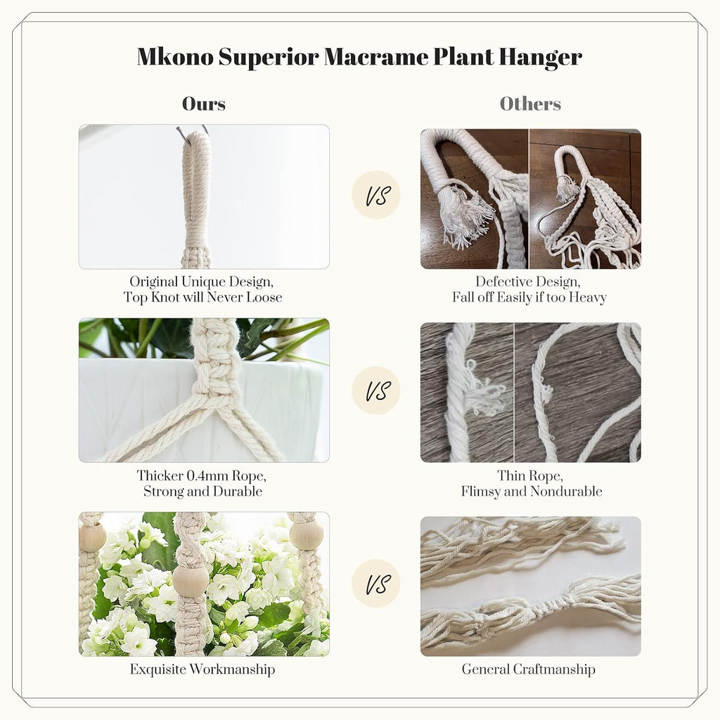 Mkono Macrame Plant Hanger Indoor 35 Inch Hanging Planter Basket Ivory 3Pcs