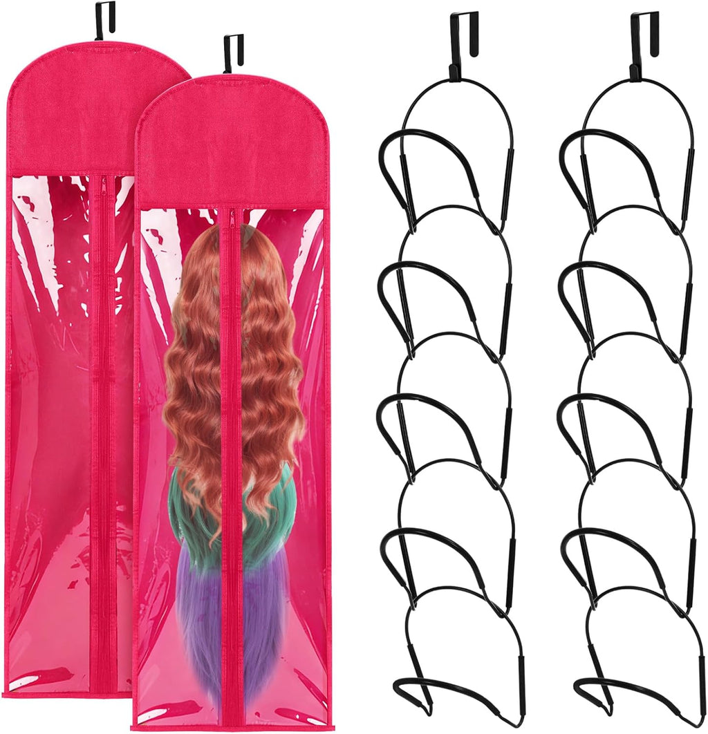 10 Pcs Wig Hangers Rack for Multiple Wigs, Dust-proof Storage Bag, Hot Pink