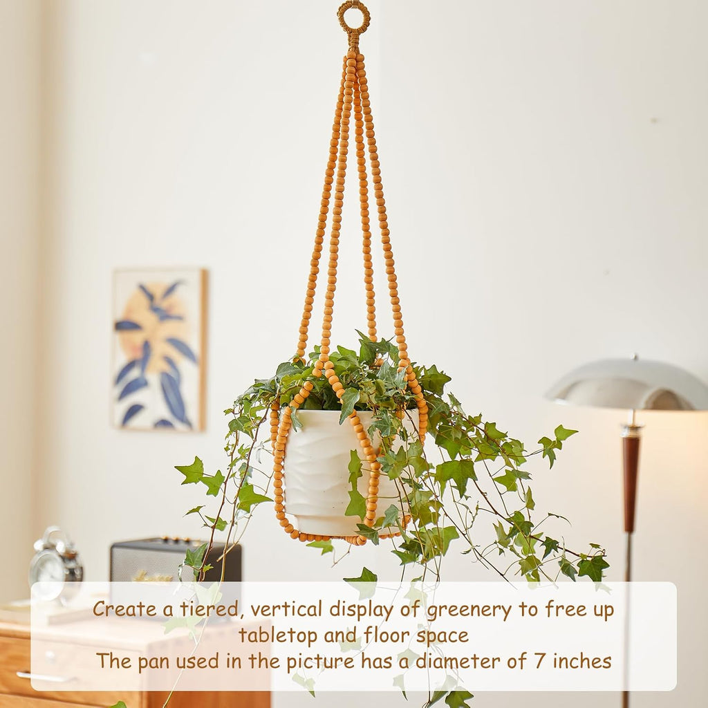 Boho Wood Bead Macrame Plant Hangers, 2Pack Handmade Beaded Hanging Planter Holders for Indoor with 4 Hooks, Fits 4–8 Inch Pots, Hanging Basket for Living Room Bedroom Window Patio Balcony Home Decor