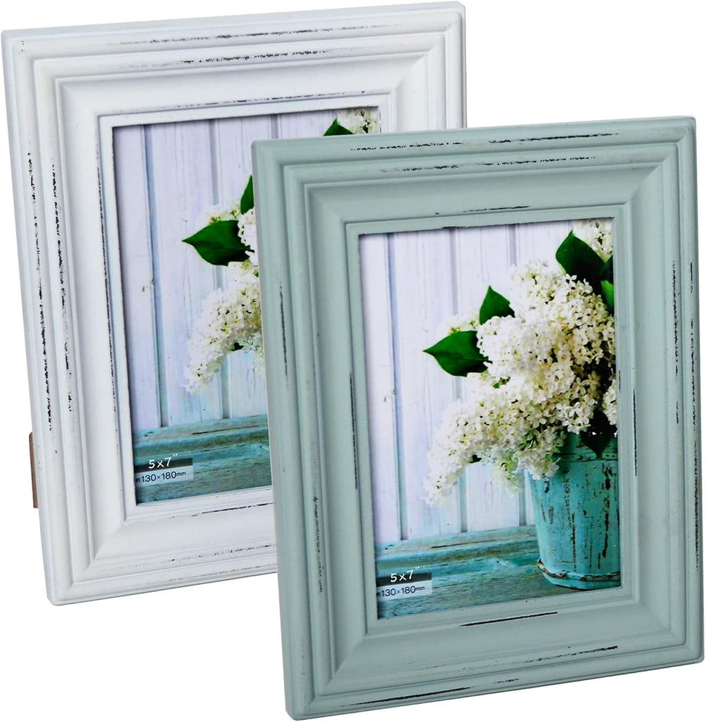 Buecasa Wooden Picture Frames 5x7 Inches Pack of 2 Vintage Aqua and White