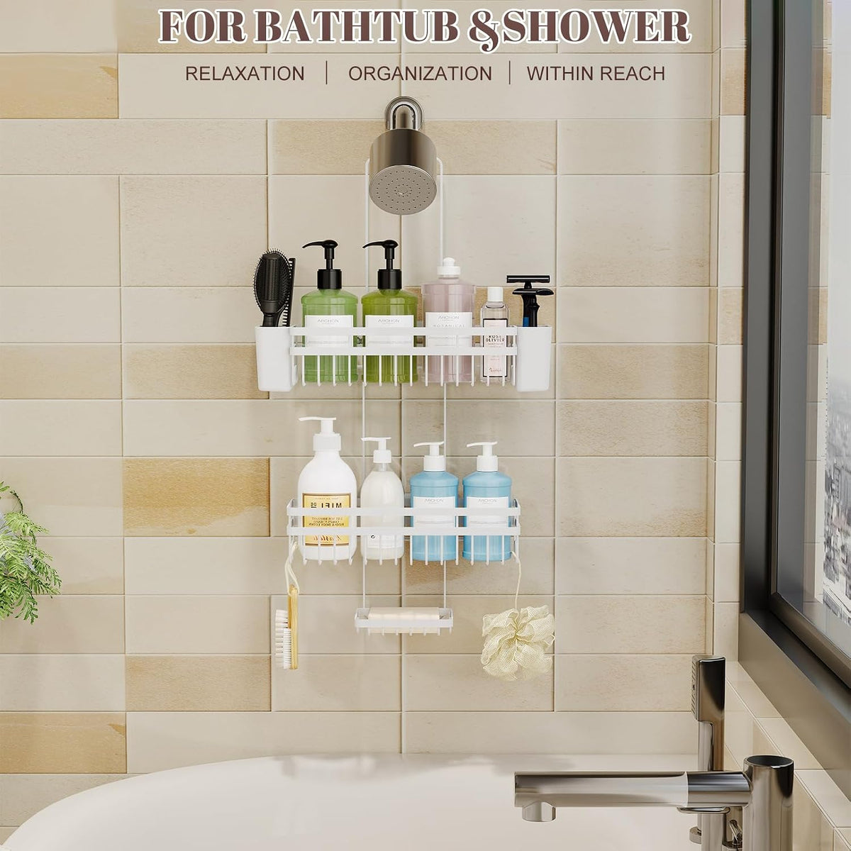 Shower Caddy Hanging for Bathroom Organizers and Storage, 3 Tier Adjustable Anti-Swing Shower Organizer hanging with Heavy-Duty Suction Cups, Damage-Free Rustproof (White)