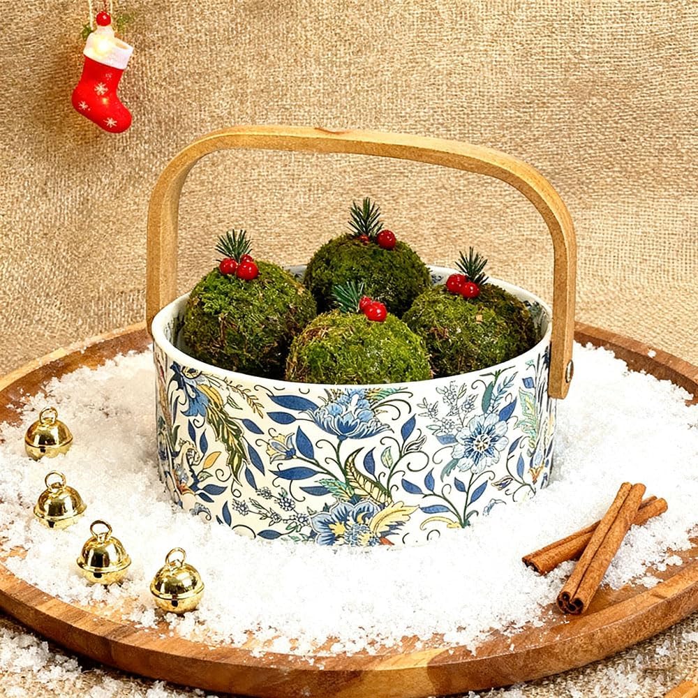 Ceramic Candy Bowl with Wood Handle Candy Dish Wedding Decorative Serving Bowl,Christmas Gift,Kitchen Dining Table Office Decor(White)