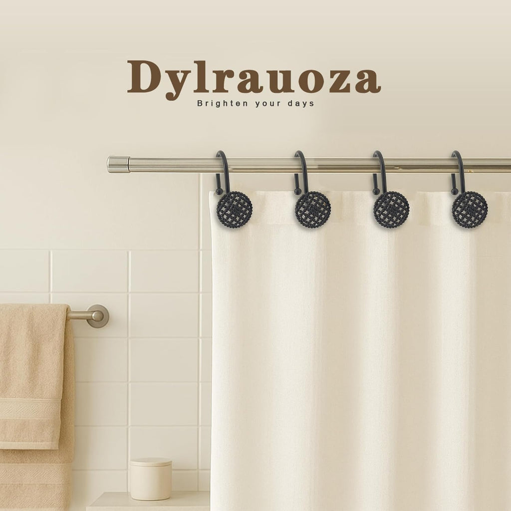 Black Shower Curtain Hooks, 12 Pack Modern 3D Beaded Decorative Shower Curtain Rings, Rust Proof Heavy Duty Metal Shower Hangers for Bathroom Rods