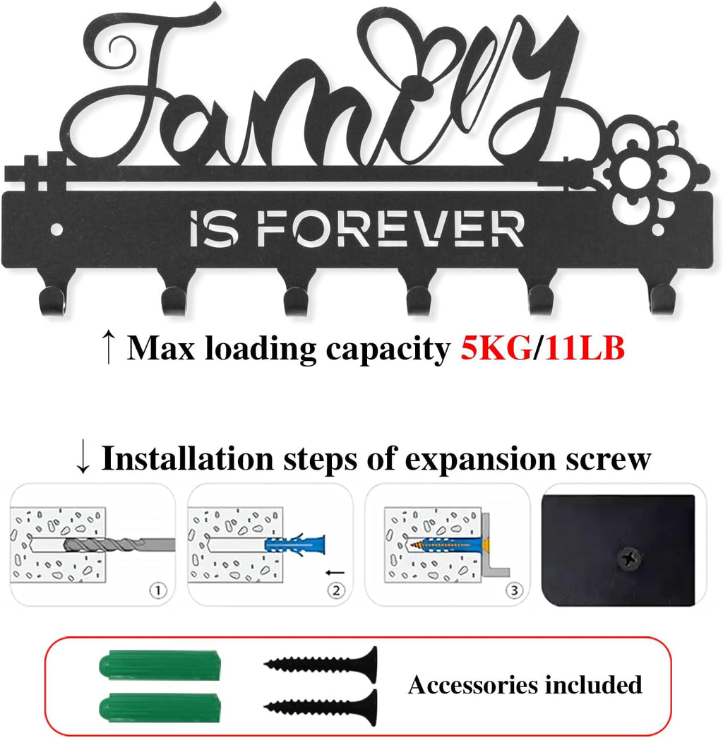 ”Family Is Forever“Key Holder Wall Mounted, Black Metal, Size:11x4.84inches