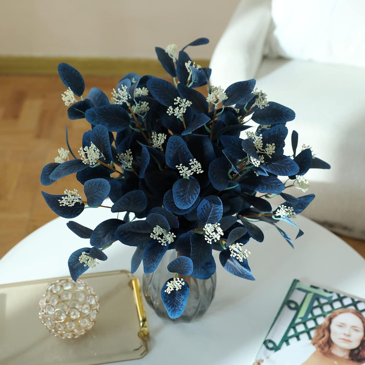 dallisten 20" Silk Artificial Eucalyptus Stems, 12Pcs Fake Eucalyptus Stem with Leaves Berries, Greenery Plants Floral Decorations for Wedding Party Flower Arrangement Home Decor (Navy Blue)